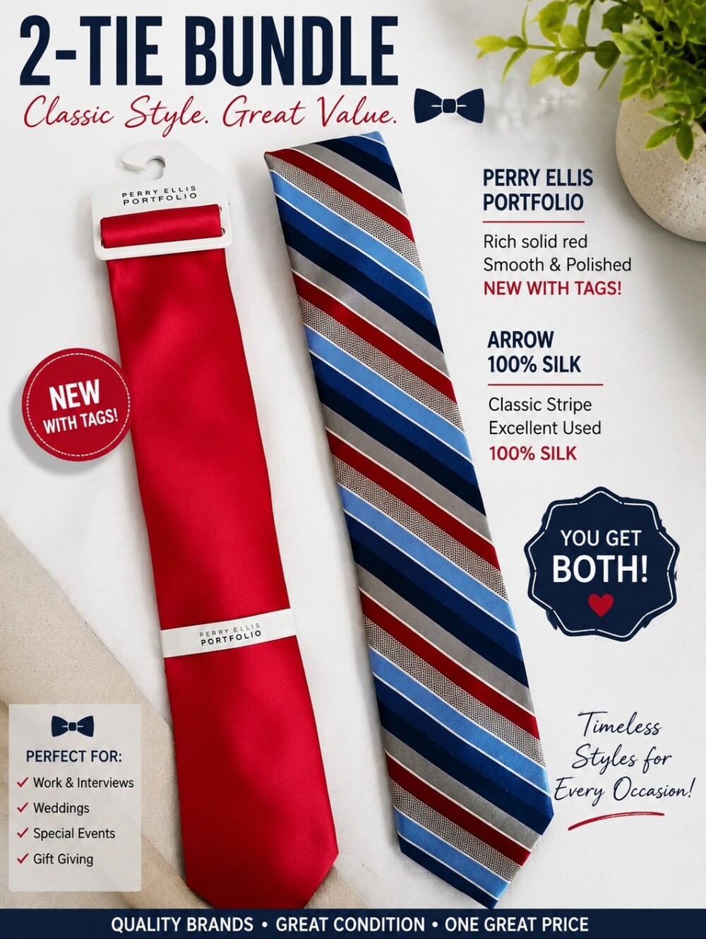 Arrow 100% Silk + Perry Ellis Necktie Bundle